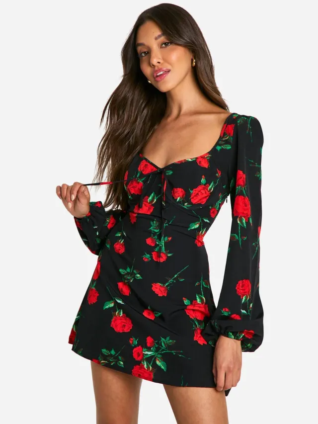 boohoo Dames Bloemrijke melkmeisje mini-jurk zwart, foto 3