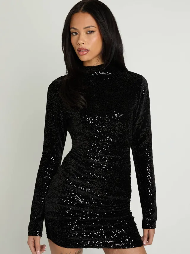boohoo Dames Fluwelen Pailletten Mini Jurk Met Hoge Hals En Lange Mouwen Zwart