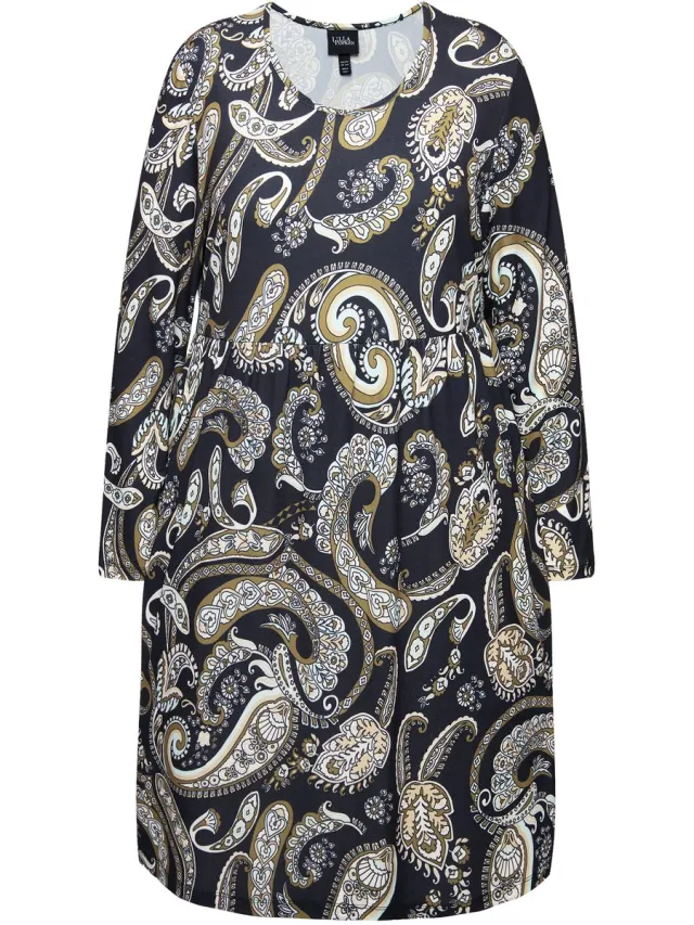 Ulla Popken Dames - Jersey jurk paisley A-lijn ronde hals lange mouwen - Zwart - Maat 54+