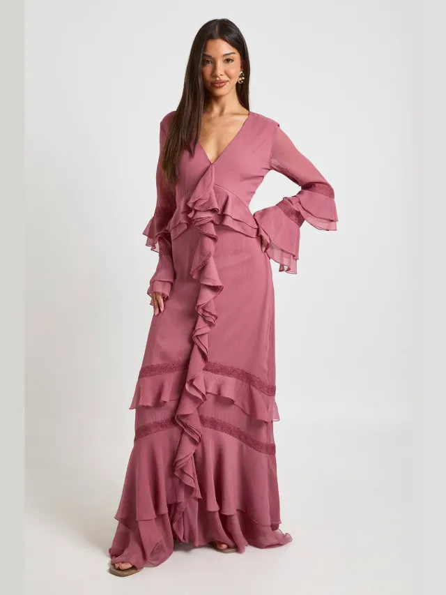 boohoo Dames Chiffon Ruches Kant Detail Maxi Jurk Roos