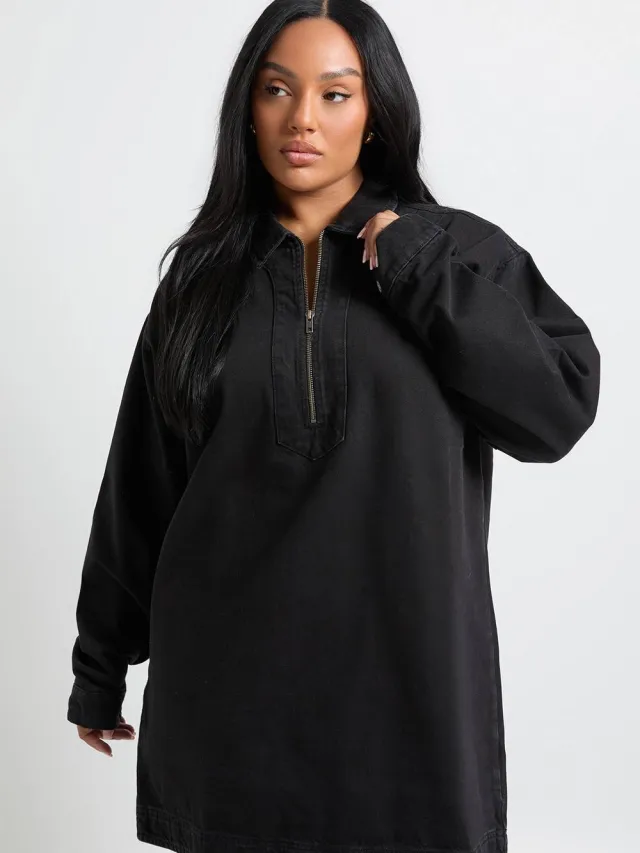 boohoo Dames Plus Denim ritssluiting shiftjurk Washed Black