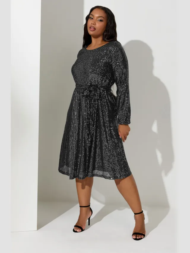 Yours London Midi Skaterjurk Met Lange Mouwen En Paillettenversiering In Zwart Black