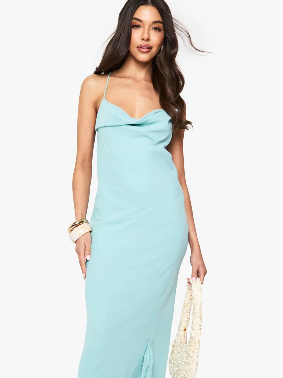 boohoo Dames Chiffon maxi-jurk met cowl-nek munt, foto 2