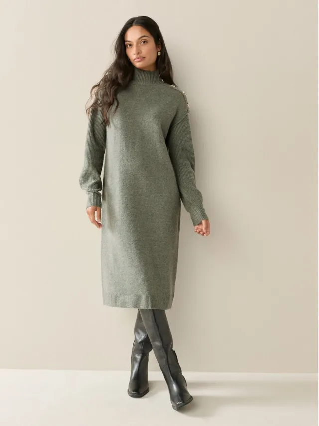 Next Dames - Stand Neck Knitted Midi Jumper Dress - Tall - Groen Khaki Green