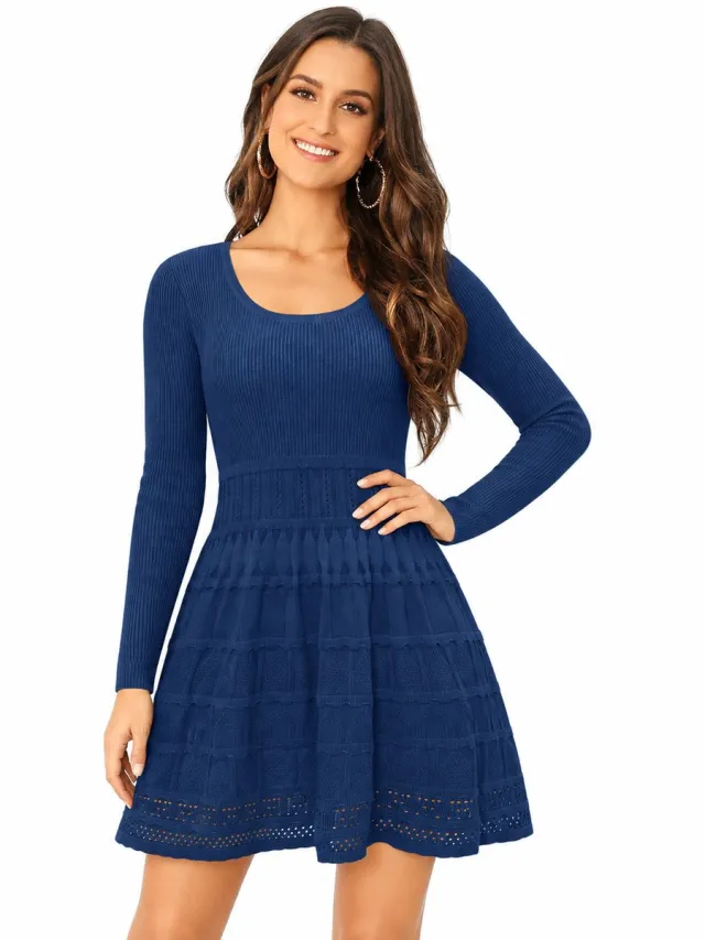 Imily Bela Dames Gebreide Mini Jurk met Lange Mouwen en Uitlopende Rok Marineblauw