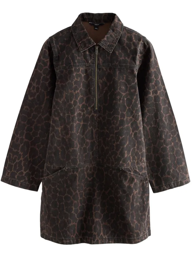 Next Dames - Denim mini-jurk met lange mouwen en rits aan de voorkand - Bruin Leopard