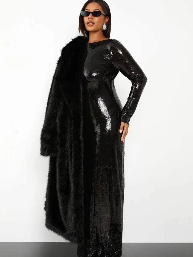 boohoo Dames Plus Pailletten Tie Back Maxi Kolomjurk Zwart