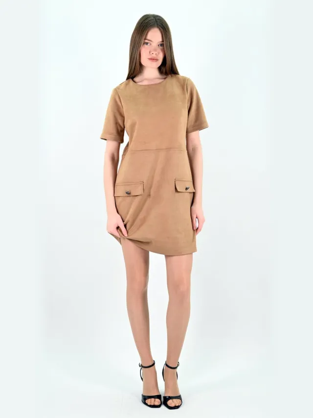 YESMOOI Camel Kleur Faux Suède Jurk met Zakken - XL (42)