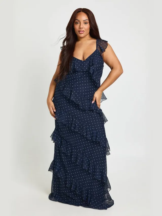 boohoo Dames Plus Polka Dot Ruffle Maxi Jurk Marineblauw