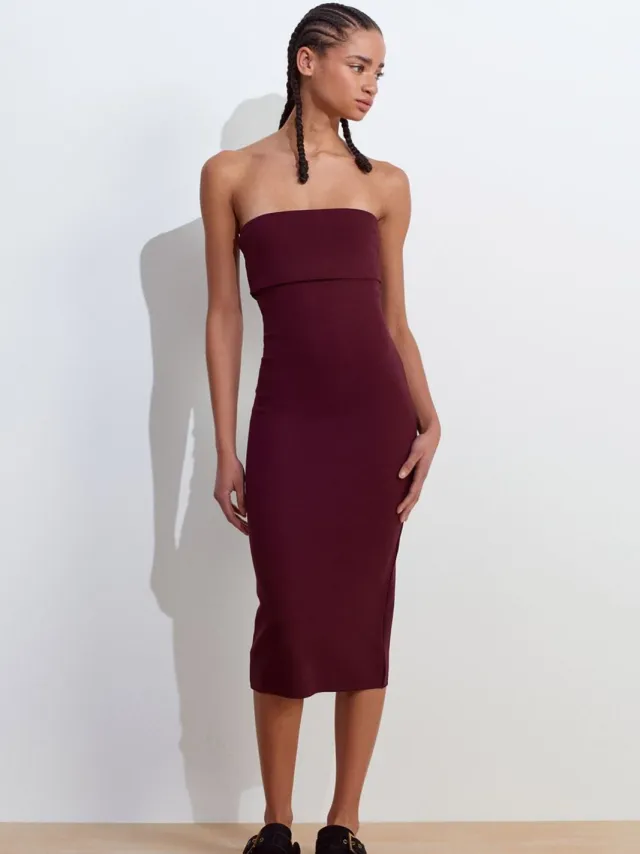 Dilvin Strapless Bodycon Midi-jurk Bordeauxrood