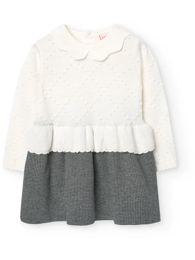 boboli Knitwear Combined Lang Mouw Jurk Wit,Grijs 8 Years Meisje Off White
