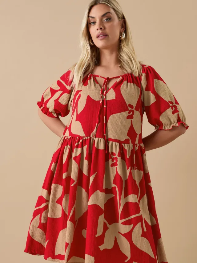Yours Mini Jurk Met Abstracte Bloemenprint En Striksluiting In Rood-52 Red