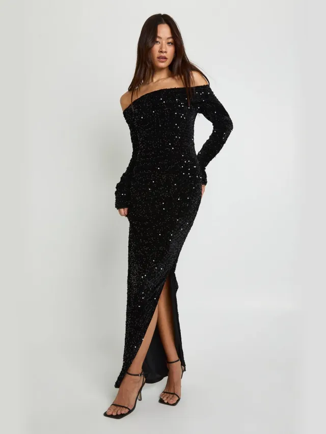 boohoo Dames Tall Velvet Sequin Bardot Maxi Jurk Zwart