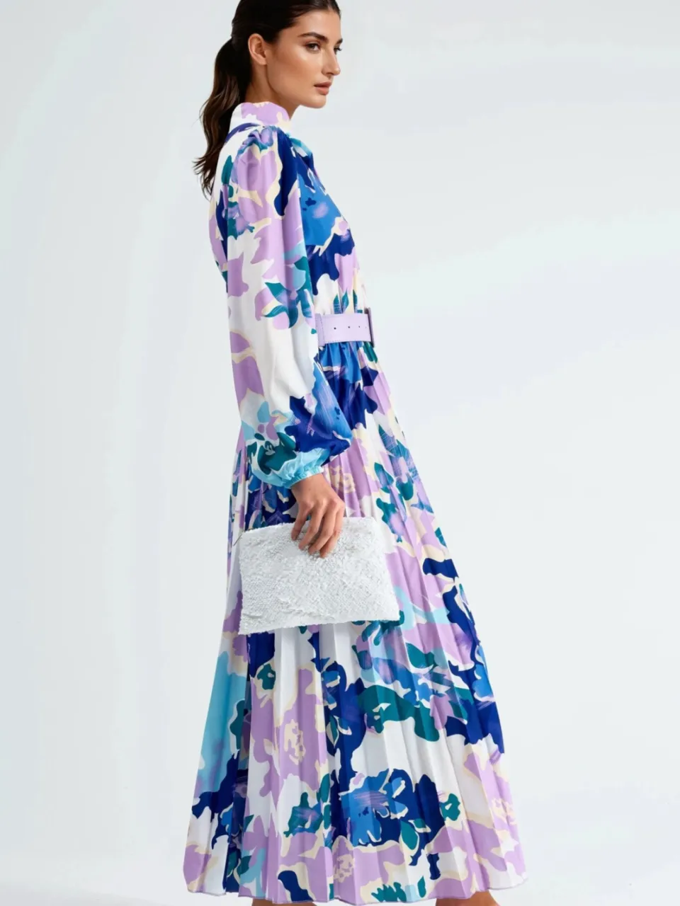 MSN Collection Abstracte Print Midi-jurk met Choker Kraag paars, foto 2