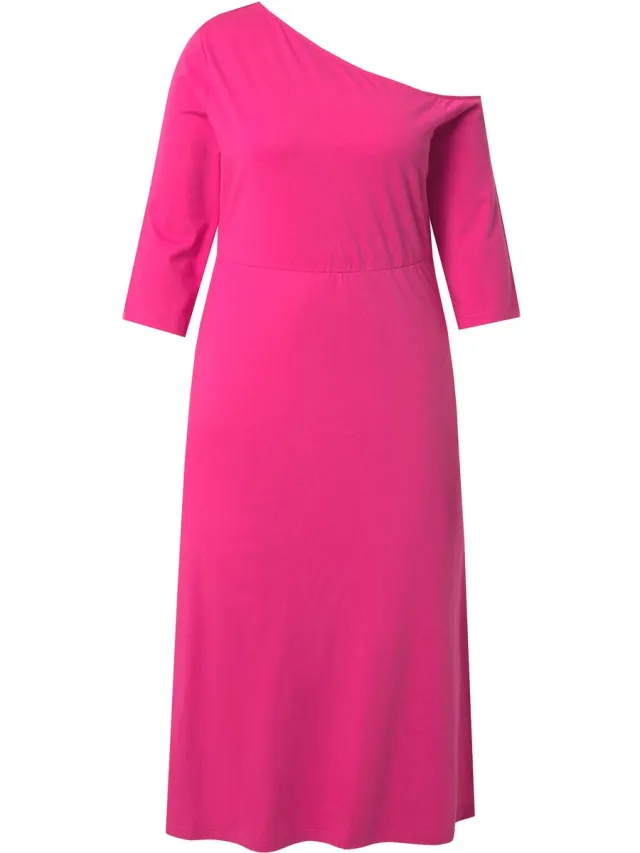 Ulla Popken Dames - Maxi-jurk links strapless A-lijn 3/4-mouwen - Roze - Maat 46+