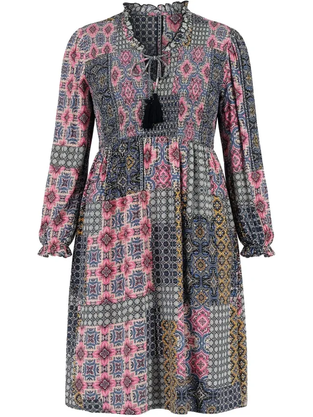 Ulla Popken Dames - Midi-jurk patchprint A-lijn tuniekhals - Mosterd - Maat 62+