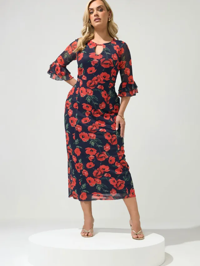Yours London Marineblauwe Jurk Met Bloemenprint En Sleutelgat Blue