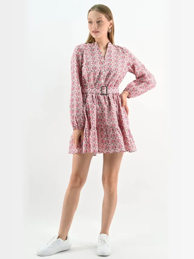 YESMOOI Roze Mini Jurk met Ceintuur en Lange Mouwen - L (40)