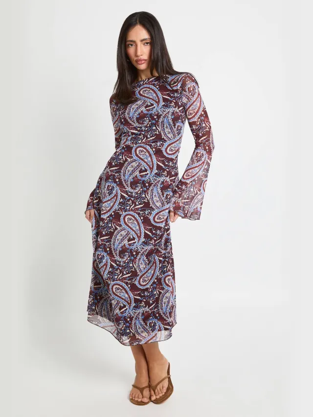 boohoo Dames Toonkleurige Paisley Print Fit & Flare Mesh Midaxi Jurk Chocoladebruin