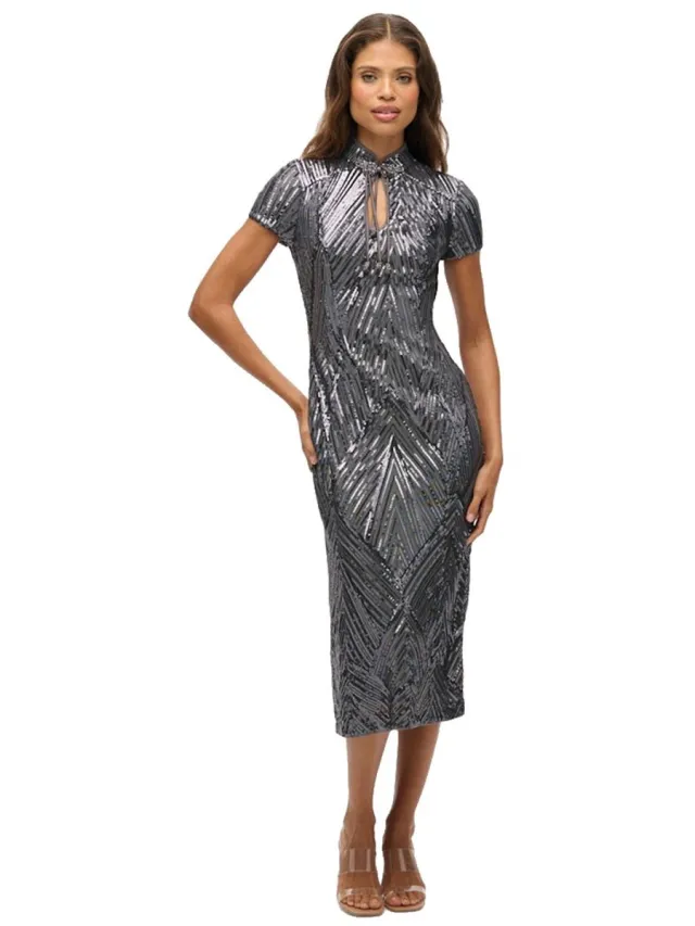 Superdry Mandarin Midi-jurk Met Korte Mouwen Grijs XL Vrouw Gunmetal Deco Sequin