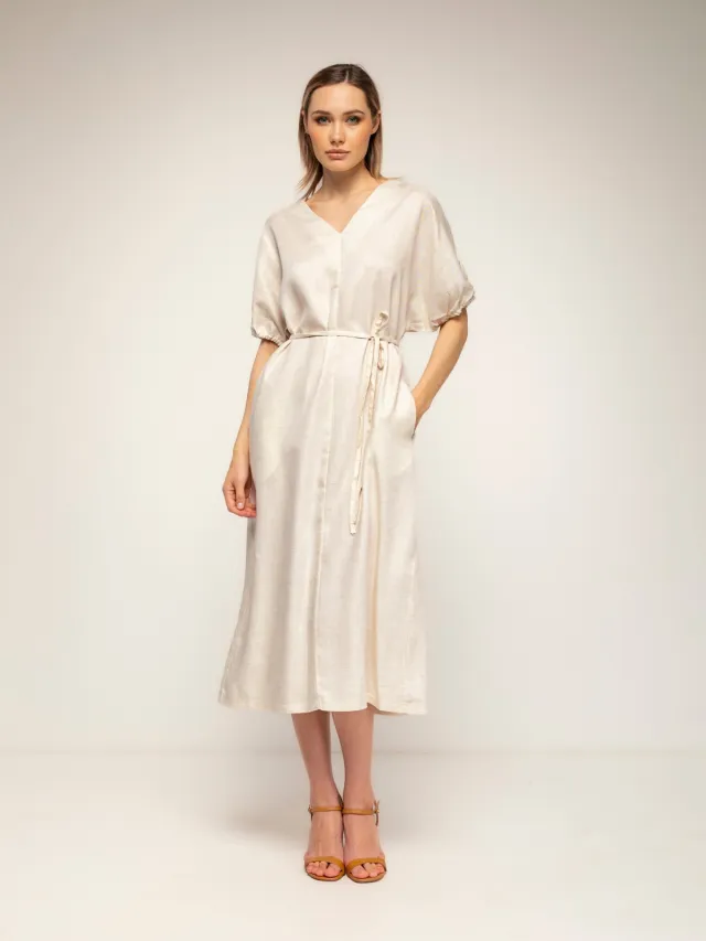 Tantra Oversized jurk met gerimpelde mouwen, V-hals en een losse ceintuur Ecru