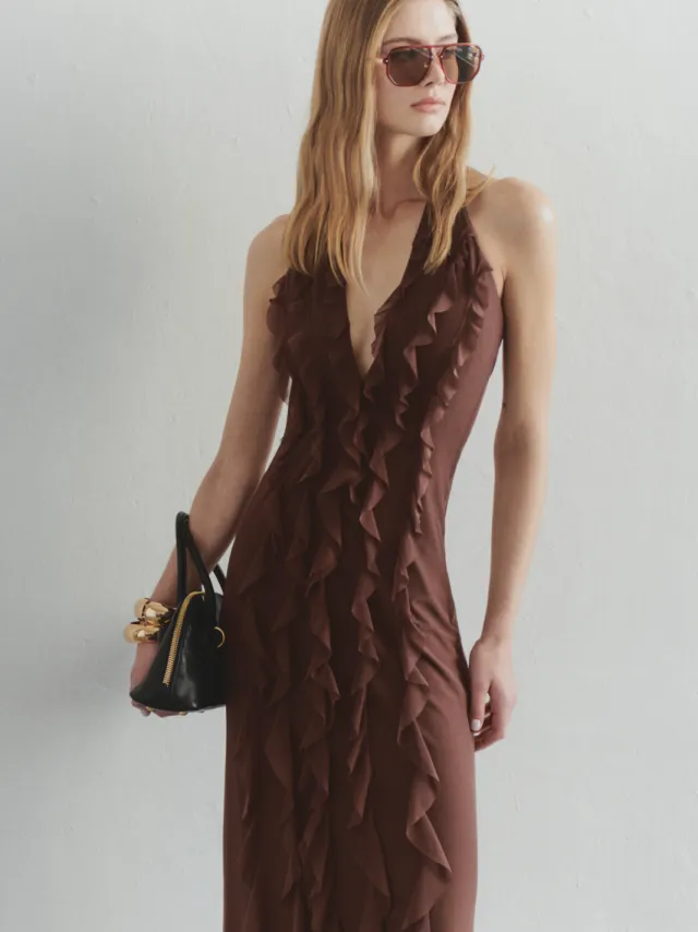 Trendyol TRENDYOLMİLLA Dames Bruin Effen Maxi Mouwloos Diploma-uitreiking / Gala A-lijn Avond & Gala Jurk