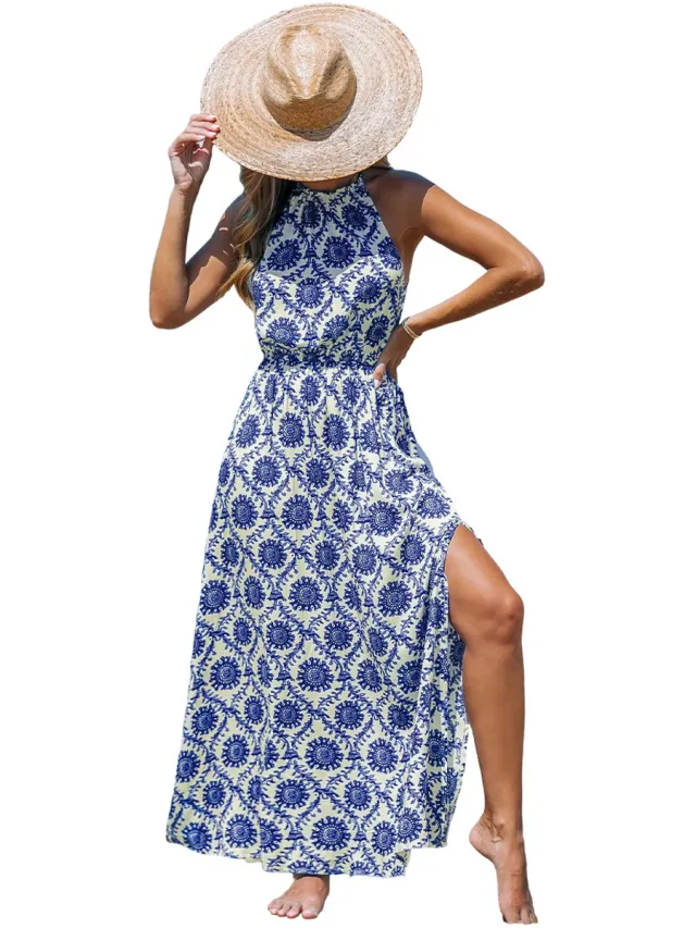 Cupshe Jurk - Geweven - Halterhals - Mouwloos - Maxi - Dames - Blauw