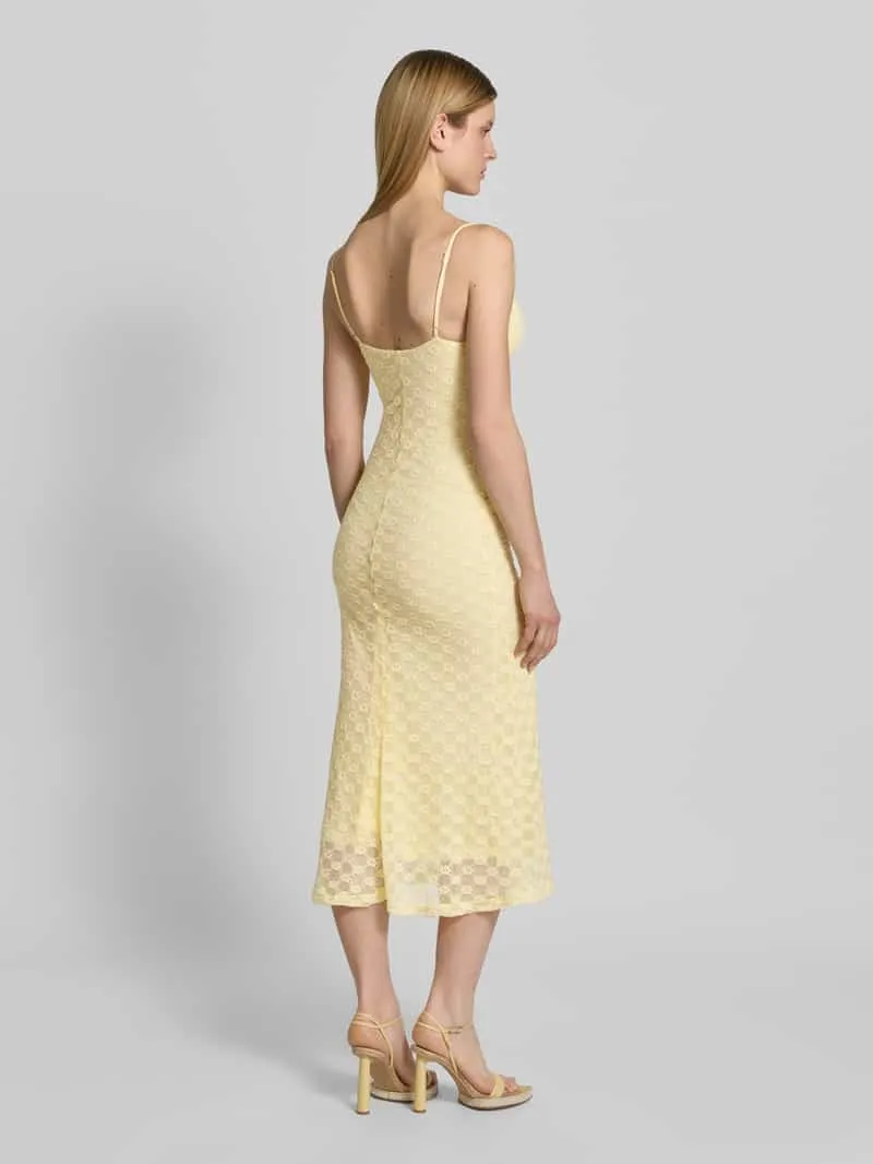 bardot slim fit midi-jurk met all-over kant met bloemenmotief lichtgeel, foto 3
