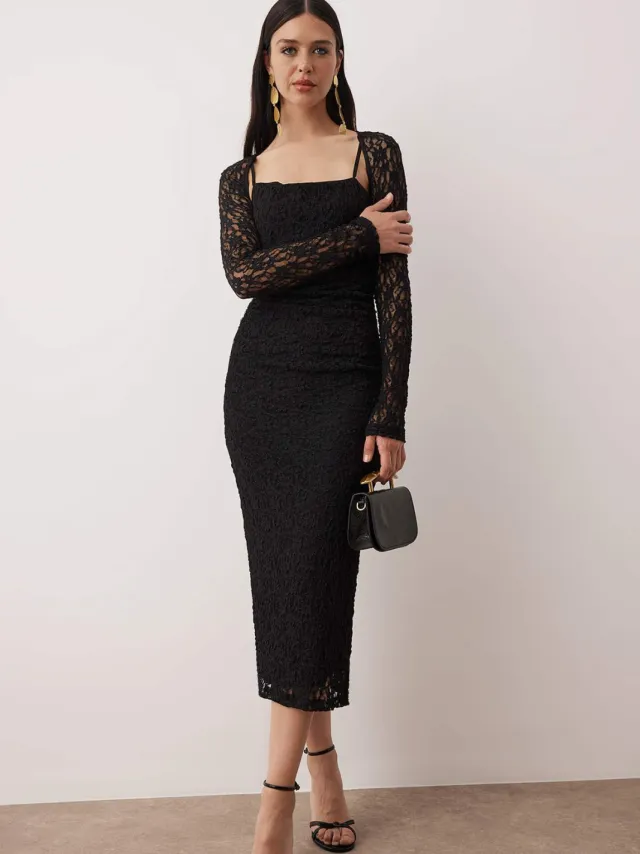 Trendyol TRENDYOLMİLLA Dames Zwart Effen Midi Lang Stijlvol/Avond Bodycon Jurken