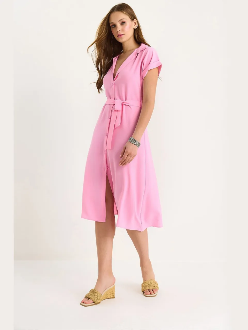 Bianco Lucci V-hals Midi-jurk met knopen en binden detail roze, foto 2