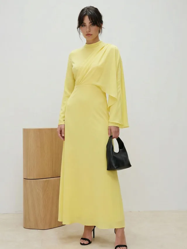 Trendyol Modest Dames Geel Effen Maxi Lang Stijlvol/Avond Skater Modest Avond Jurken