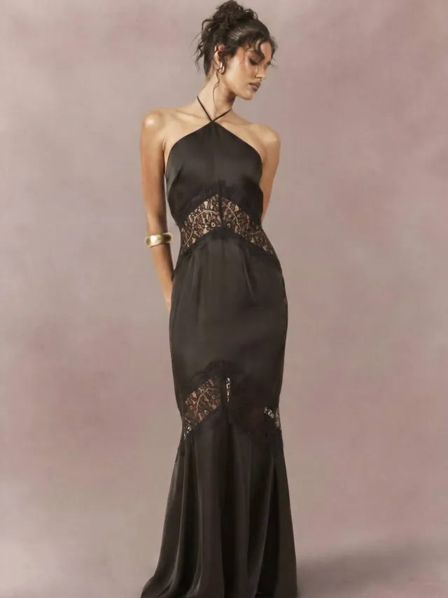 boohoo Dames Satijnen & Kanten Halternek Maxi Slip Jurk Met Bandjes Zwart