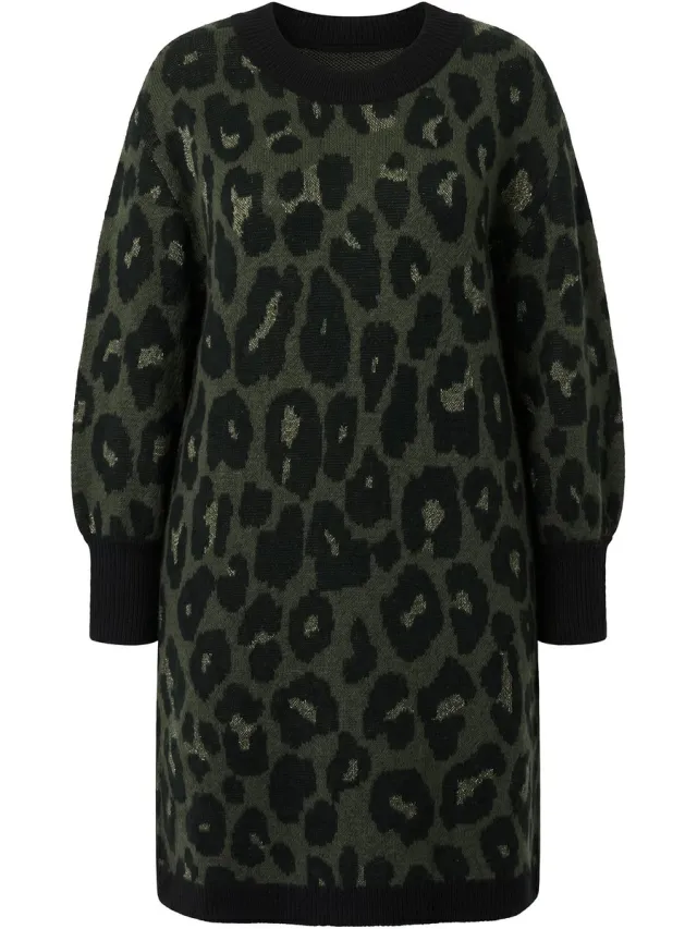 Studio Untold Dames - Gebreide jurk oversized luipaardmotief ballonmouwen - Donkerolijf - Maat 46+
