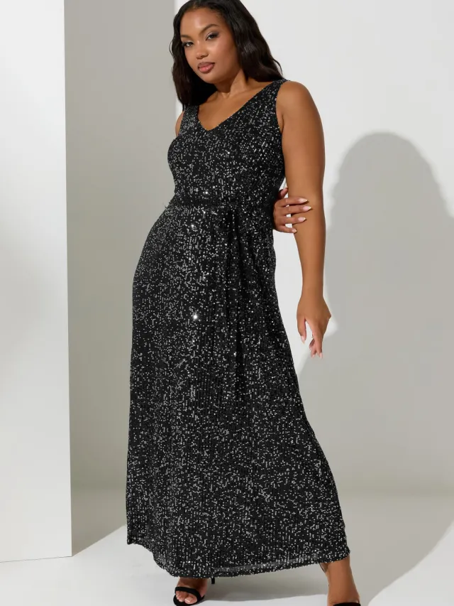 Yours London Mouwloze Maxijurk Met Pailletten En Tailleband In Zwart Black
