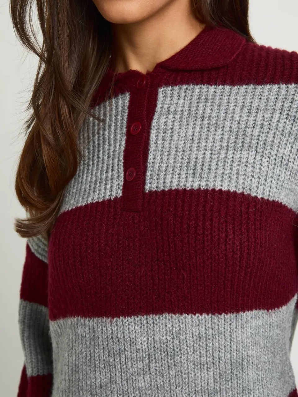 boohoo Dames Gestreepte Oversized Rugby Gebreide Mini-jurk Met Kraagdetail bordeaux rood, foto 4