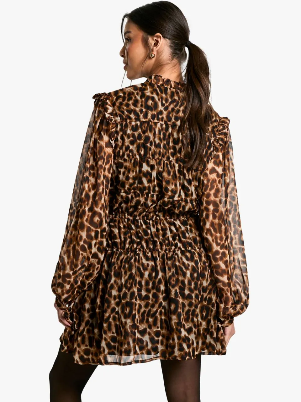 boohoo Dames Leopard Tie Chiffon Smock Jurk bruin, foto 3