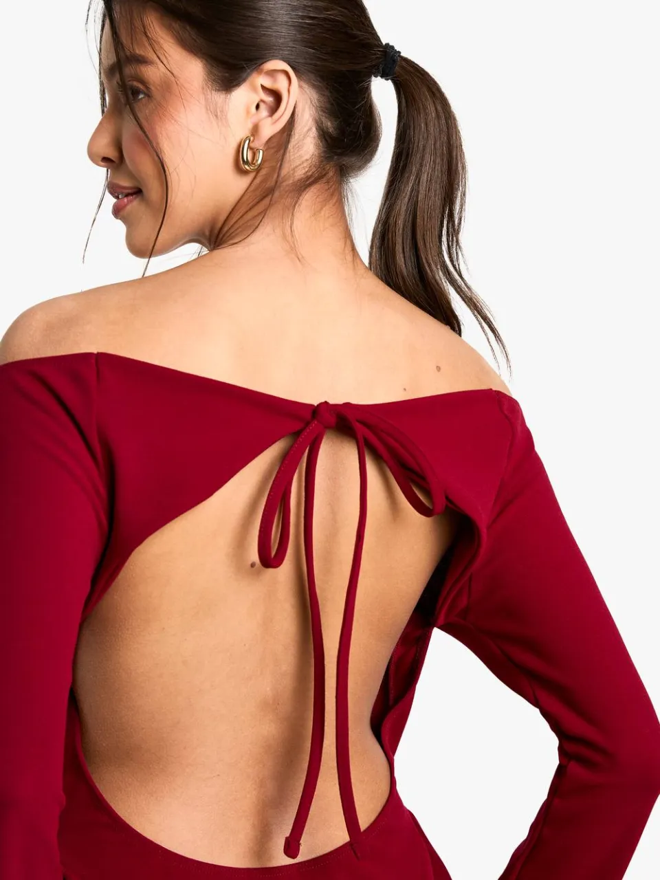 boohoo Dames High Bardot Tie Back Skater Jurk bordeaux rood, foto 4