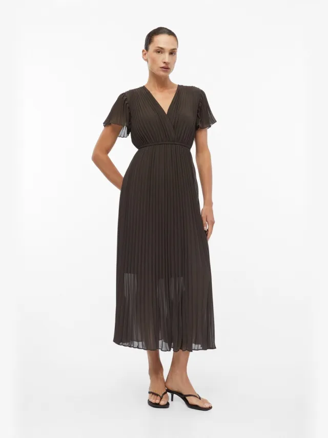 Comma female - Plooi jurk in midi lengte donkerbruin