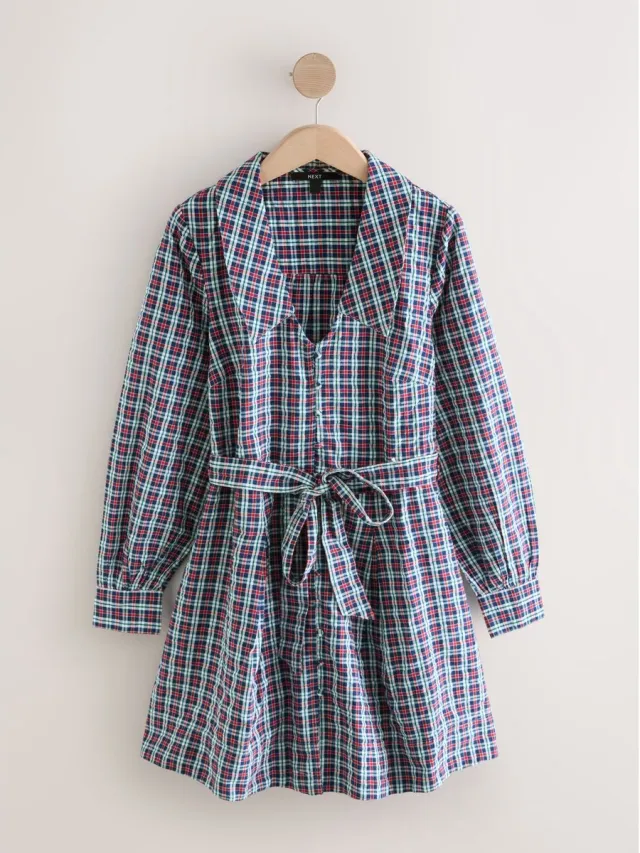 Next Dames - Mini-overhemdjurk met lange mouwen en kraag - Petite - Blauw Navy Blue/Red Check