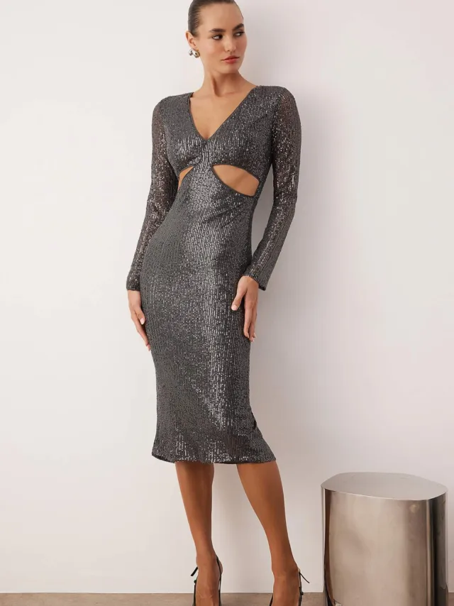 Trendyol TRENDYOLMİLLA Dames Grijs Effen Midi Lang Cocktail Bodycon Jurken