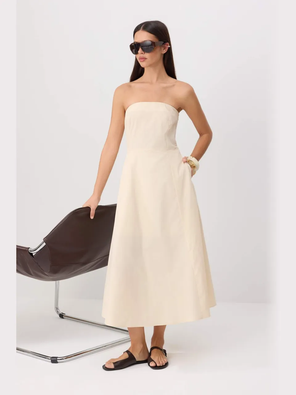 Trendyol TRENDYOLMİLLA Dames Beige Effen Midi Mouwloos A-lijn Jurken Gebroken wit