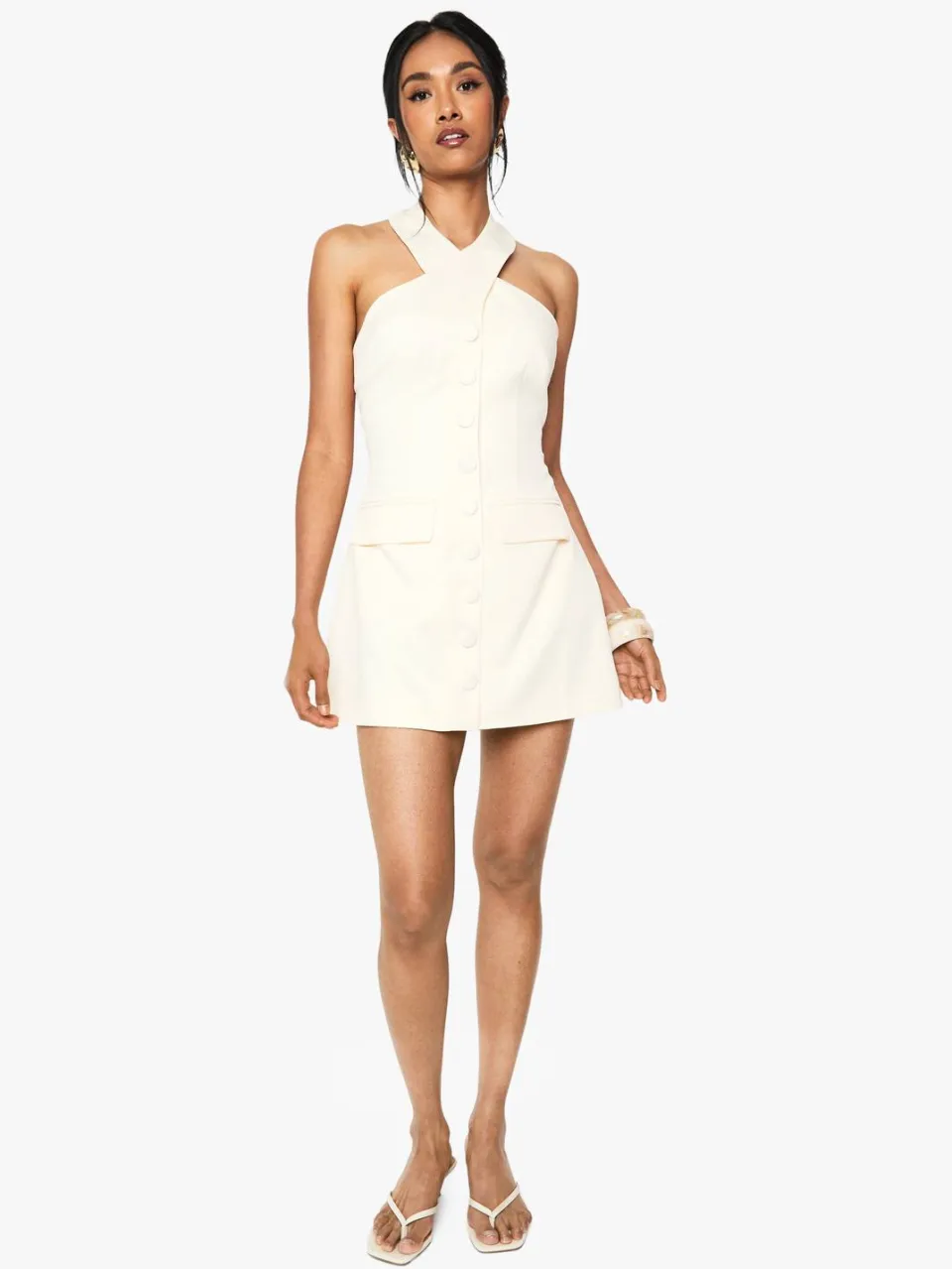 boohoo Dames Halterneck Tailored Micro Mini Jurk ivoor, foto 3