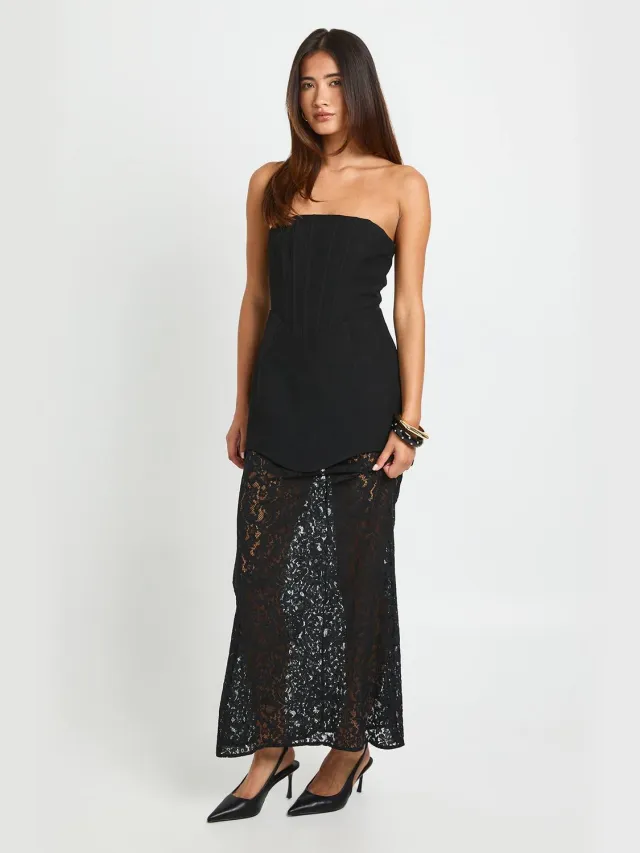 boohoo Dames Premium Bandeau Corset Kanten Rok Maxi Jurk Zwart