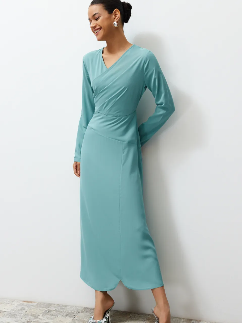 Trendyol Modest Dames Kaki Effen Maxi Lang Stijlvol/Avond Double-breasted Modest Avond Jurken, foto 2