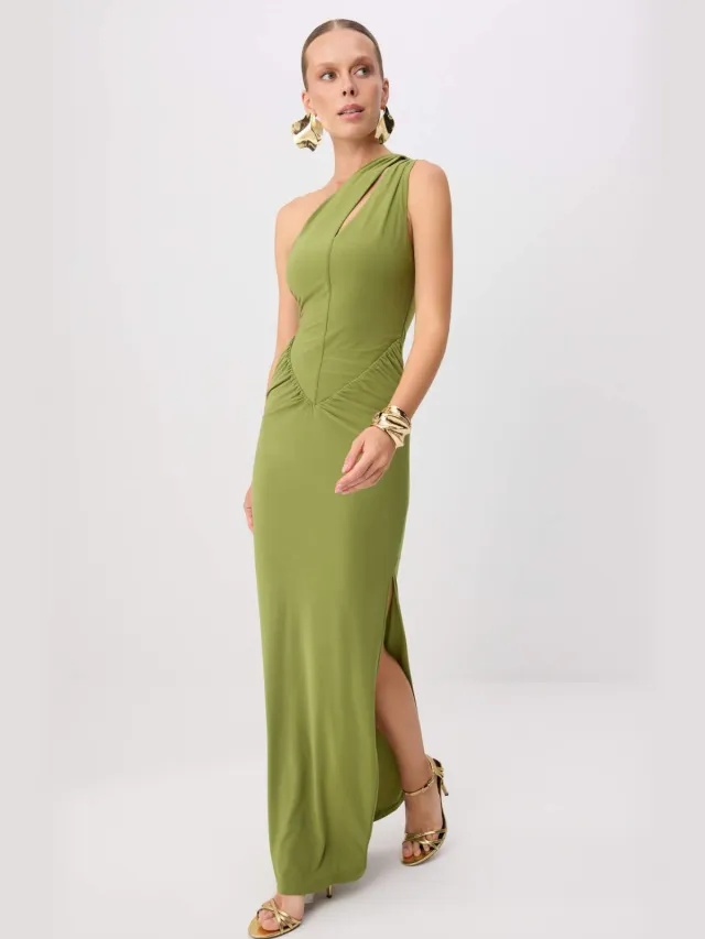 Trendyol TRENDYOLMİLLA Dames Groen Effen Maxi Mouwloos Recht Avond & Gala Jurk