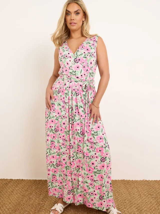 Yours Maxi Jurk Met Bloemenmotief En Omslag In Roze/Lichtgroen-52 Pink