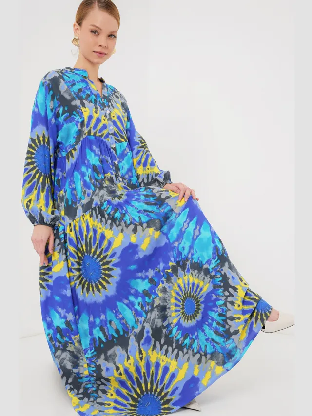 Big Dart Geprinte V-hals Maxi-jurk met knoopsluiting Marineblauw