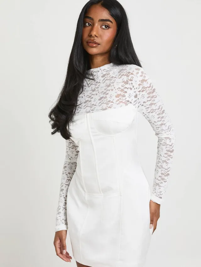boohoo Dames Kanten Hoge Hals Korset Mini Jurk wit, foto 3