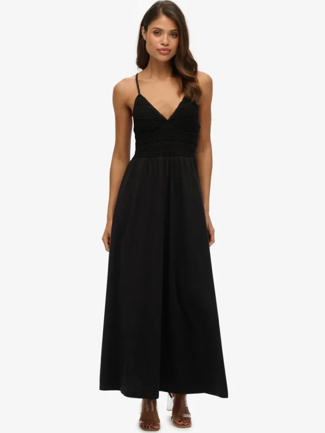 Superdry Jersey maxi-jurk met kant - Dames - Jurken black