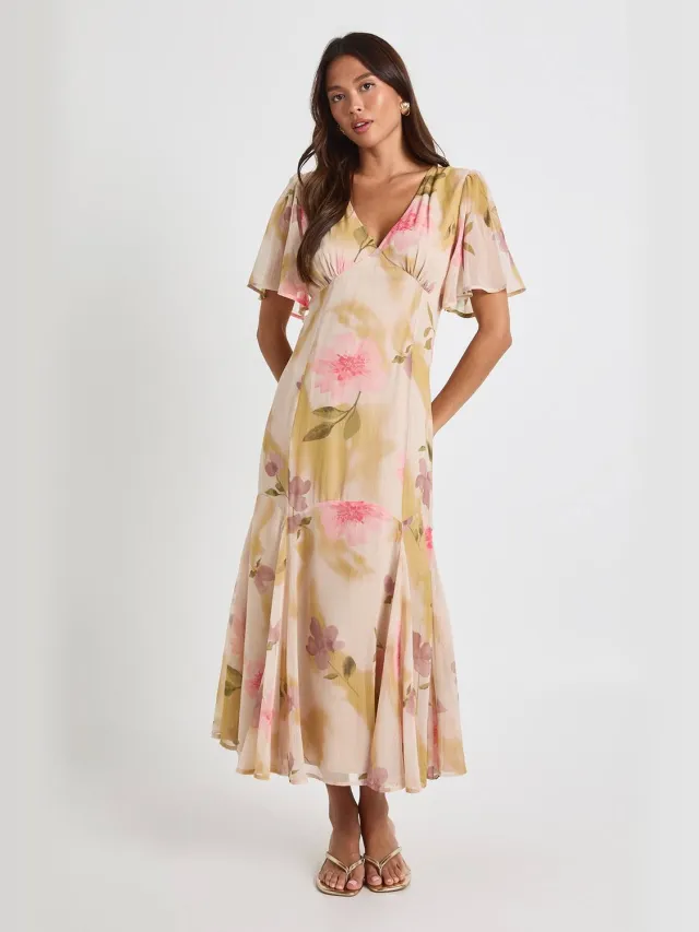boohoo Dames Bloemige midaxi jurk met engelenmouwen Crème
